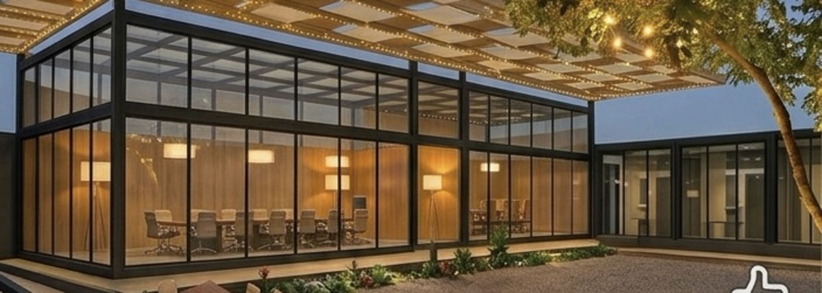Glass-walled meeting room with pergola lighting